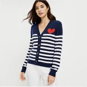 LOFT Heart Puff Sleeve Striped V-Neck Navy Cardigan